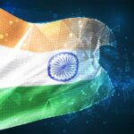 vector flag, virtual abstract 3D object from triangular polygons on a blue background | TechSplicit India flag