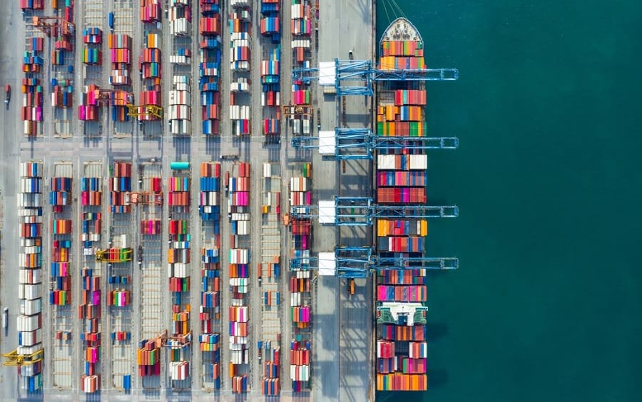 Aerial view container ship in port at container terminal port