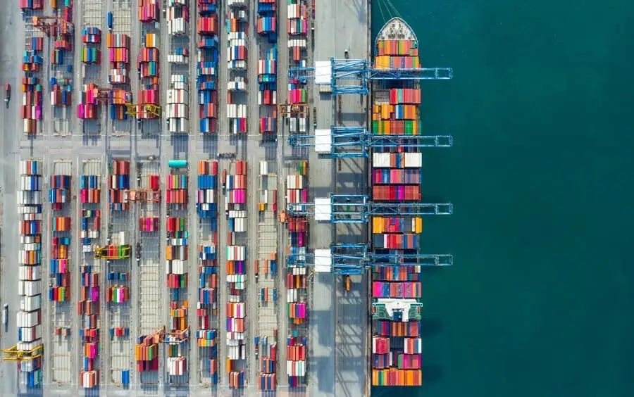 Aerial view container ship in port at container terminal port