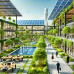 DALLE 2025-02-07 162753 - A modern corporate campus with solar panels on rooftops a water recovery system and lush tree-lined walkways Employees are seen walking and working | TechSplicit