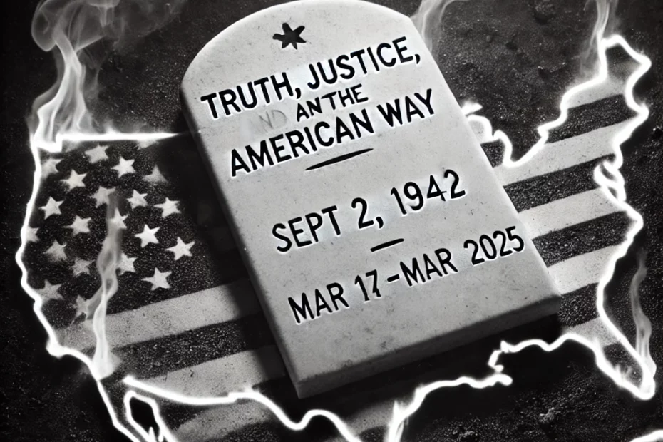 RIP:Truth Justice and the American Way on one line and the dates Sept 2 1942 - Mar 17