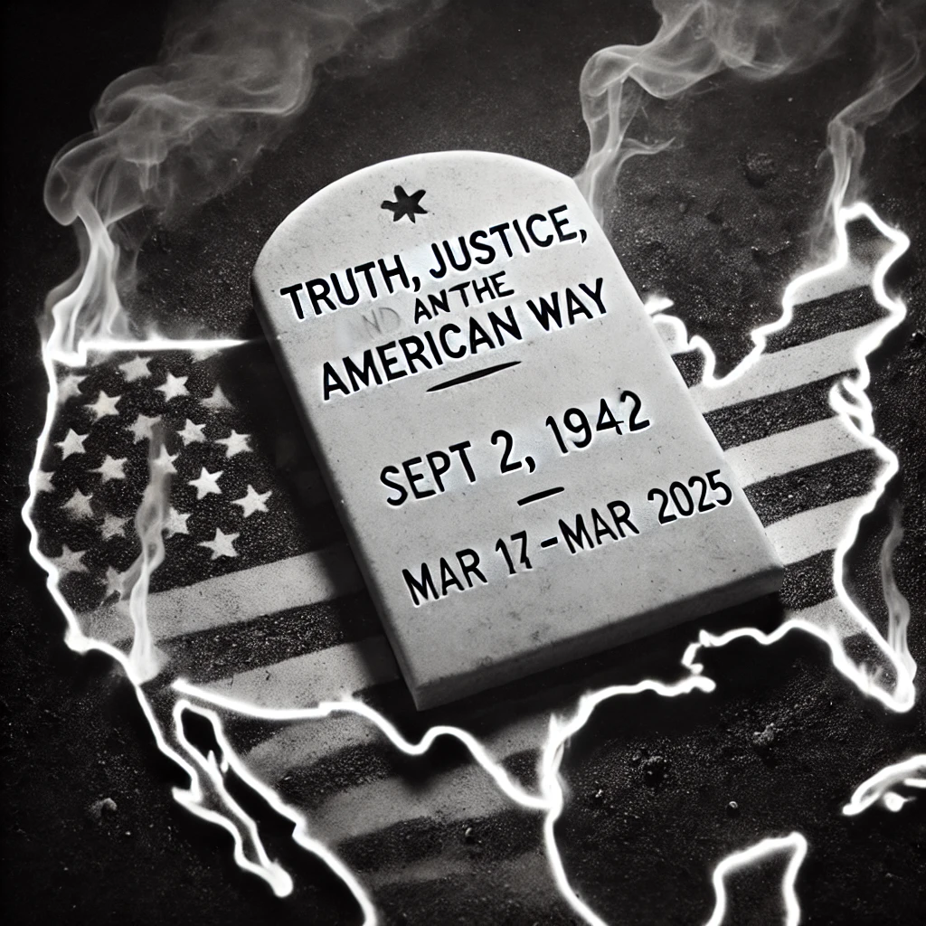 RIP:Truth Justice and the American Way on one line and the dates Sept 2 1942 - Mar 17